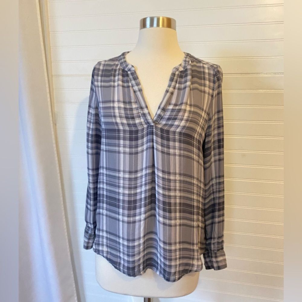 Joie 100% Silk V Neck Gray Plaid Blouse Size XS